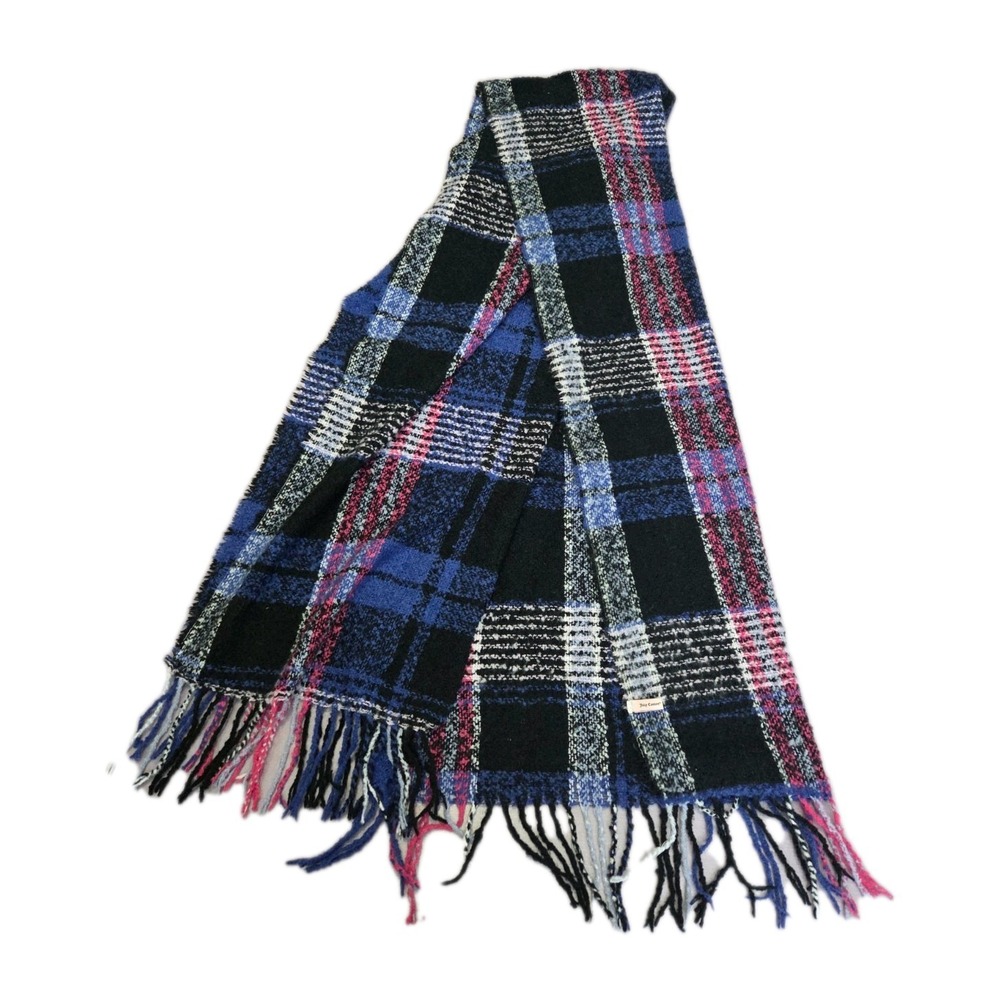 Juicy Couture Large Scarf 25 x 75 Inch  Plaid Blue/ Pink/ Black / White.